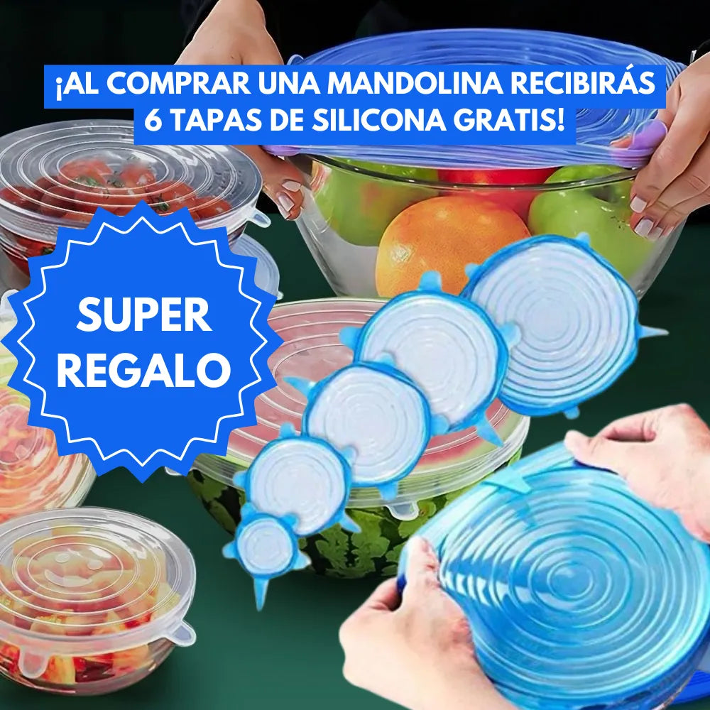 COMBO Mandolina Cortadora 5 en 1 + 6 Tapas de Silicona GRATIS